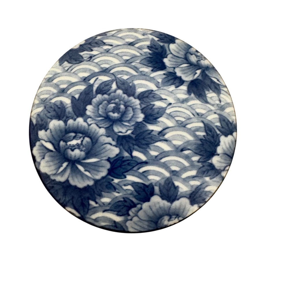 Blue and White Porcelain Trinket Box Peony Wave Pattern Round Lidded Jar 4.75"